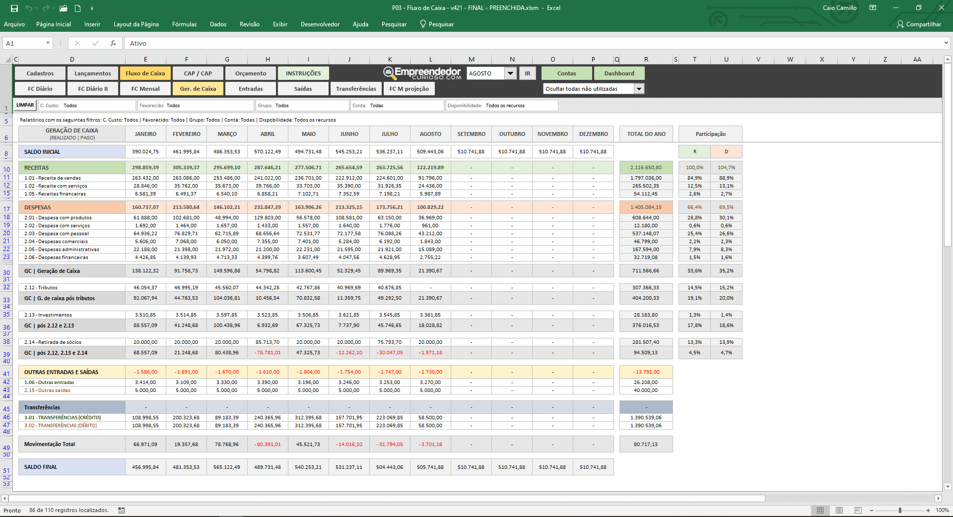 planilha de fluxo de caixa, controle financeiro - Fluxo mensal