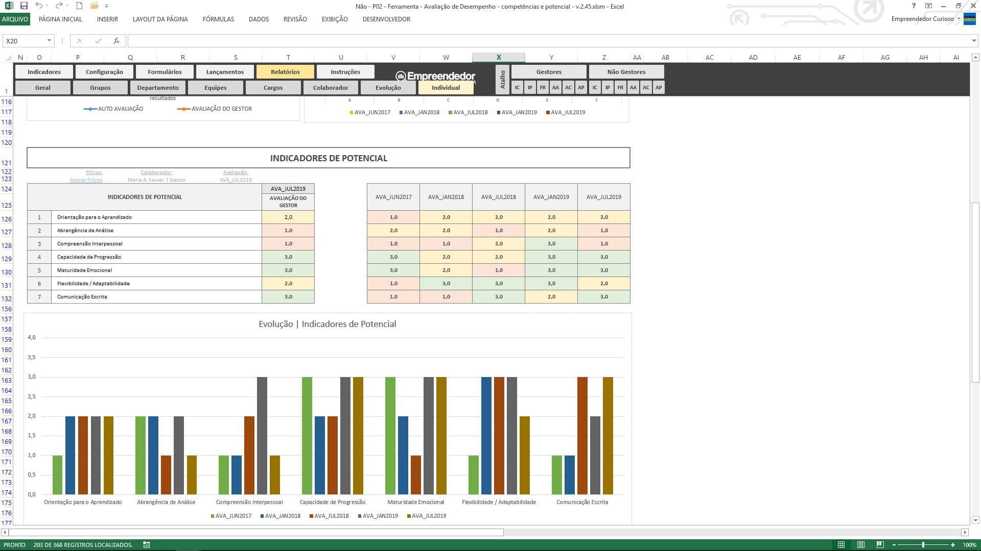 Planilha de avaliação de desempenho de funcionário - Relatório Individual - Indicadores de Potencial