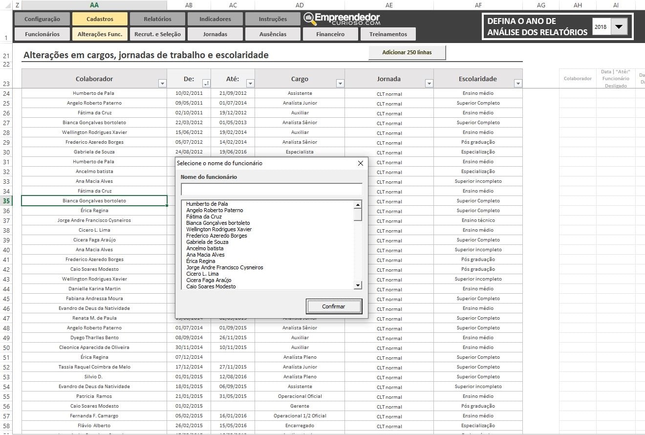 Planilha Indicadores de RH em Excel - Todos Indicadores de Recursos Humanos - Cadastro de funcionários