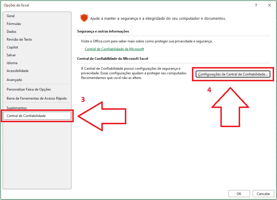 Abrindo configuração da central de confiabilidade para desbloquear as macros de excel de arquivos na nuvem do Onedrive e googledrive.