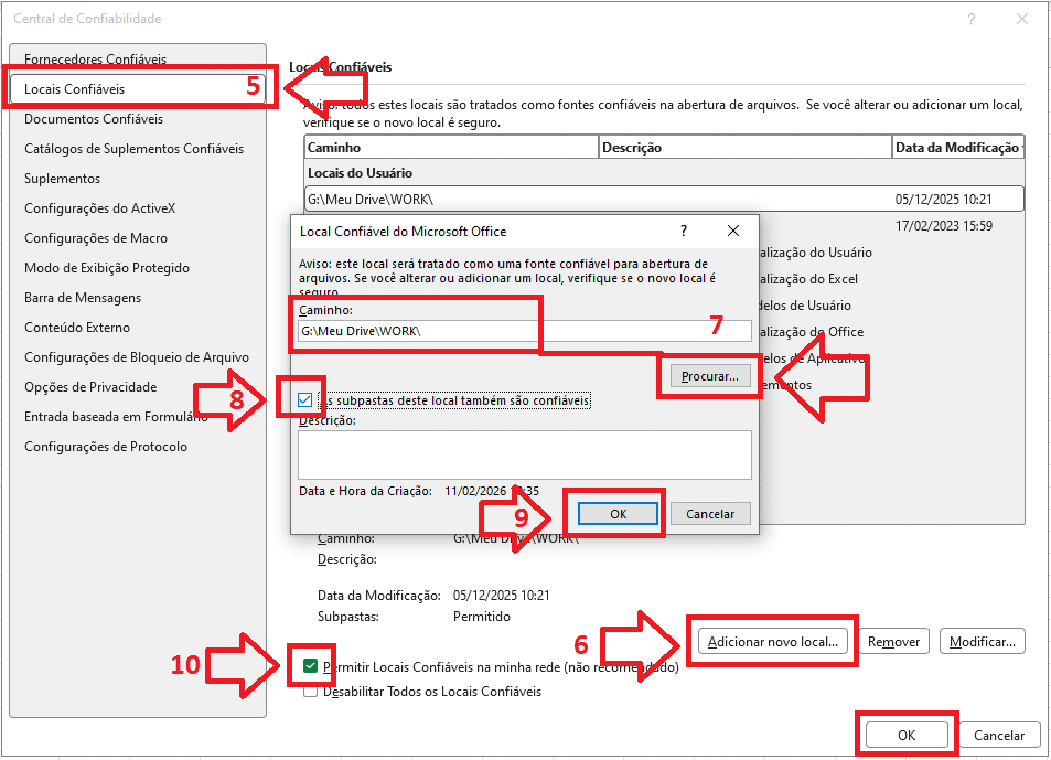 Locais confiáveis - Central de confiabilidade - Excel - risco de segurança Configurando locais confiáveis para desbloquear as macros de Excel de arquivos salvos no googledrive